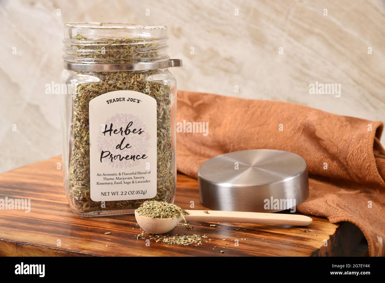 Open bottle of Trader Joe’s Herbes de Provence spice blend Stock Photo Alamy