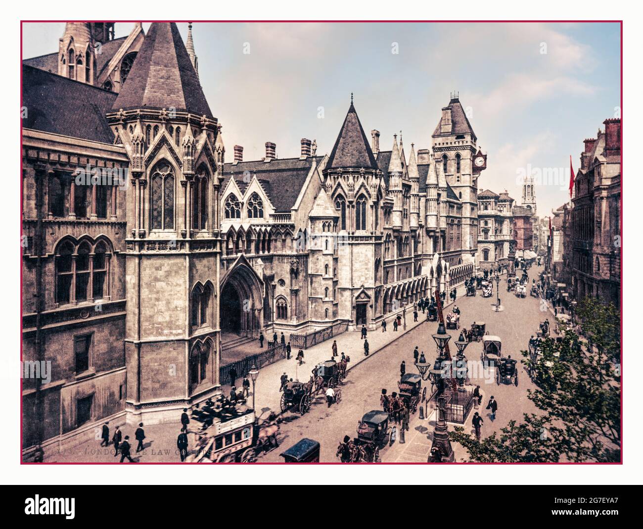 LAW COURTS HOLBORN LONDON Vintage historic 1890's photochrom of Royal Courts of Justice Holborn London. with horse drawn bus and carriages The Law Courts [London] ; : [The Photochrom Co., Ltd.], [ca. 1890-1906]: color photochrom ; Stock Photo