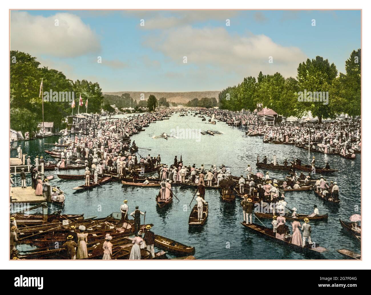 [Henley Regatta Archive Retro 1900s Victorian England] boating fashion lifestyle drinking activities competition on The River Thames Henley UK Date Created/Published :1900s  Photochrom, colour. Stock Photo