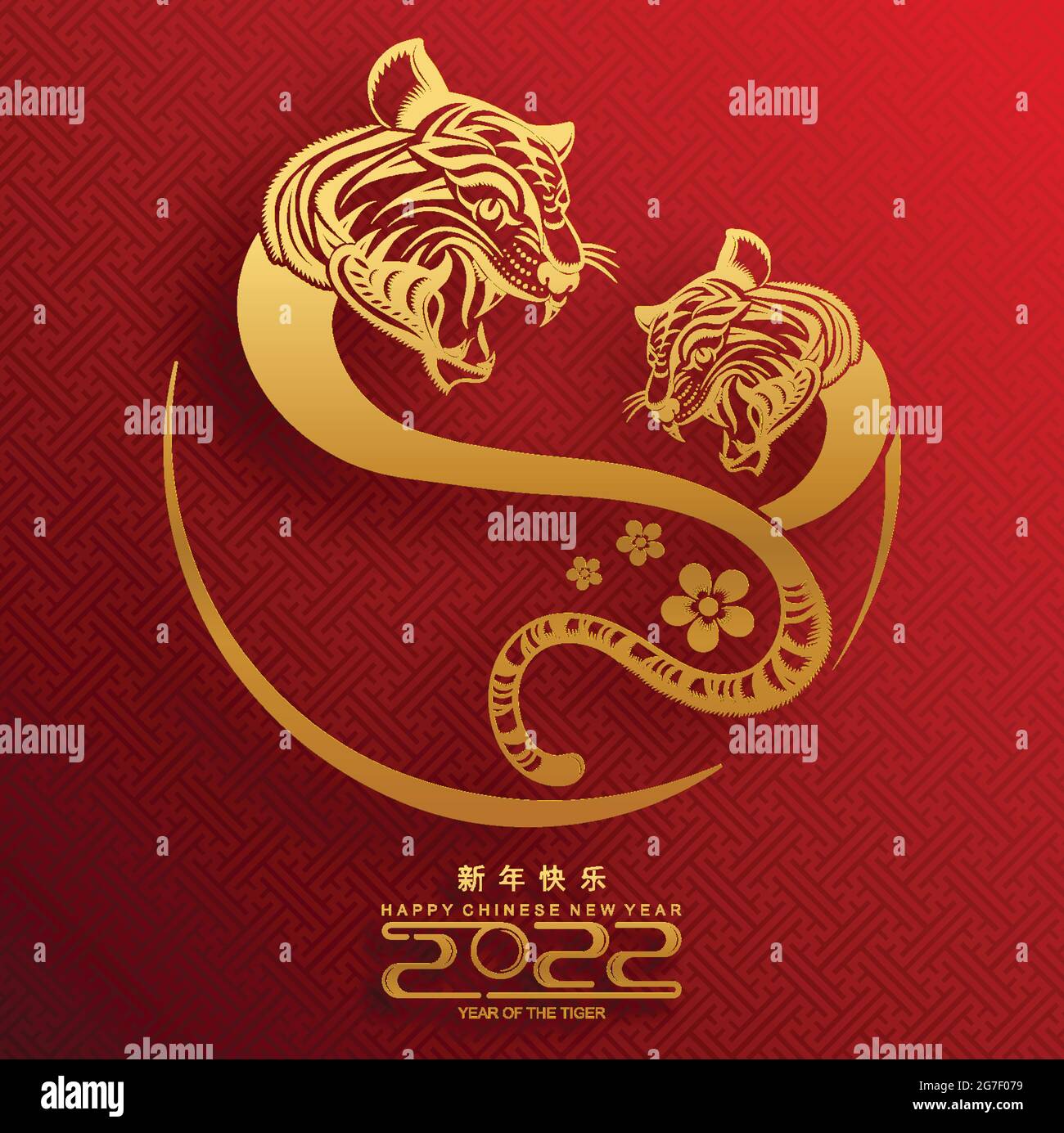 Chinese new year 2022 year of the tiger red and gold flower and asian