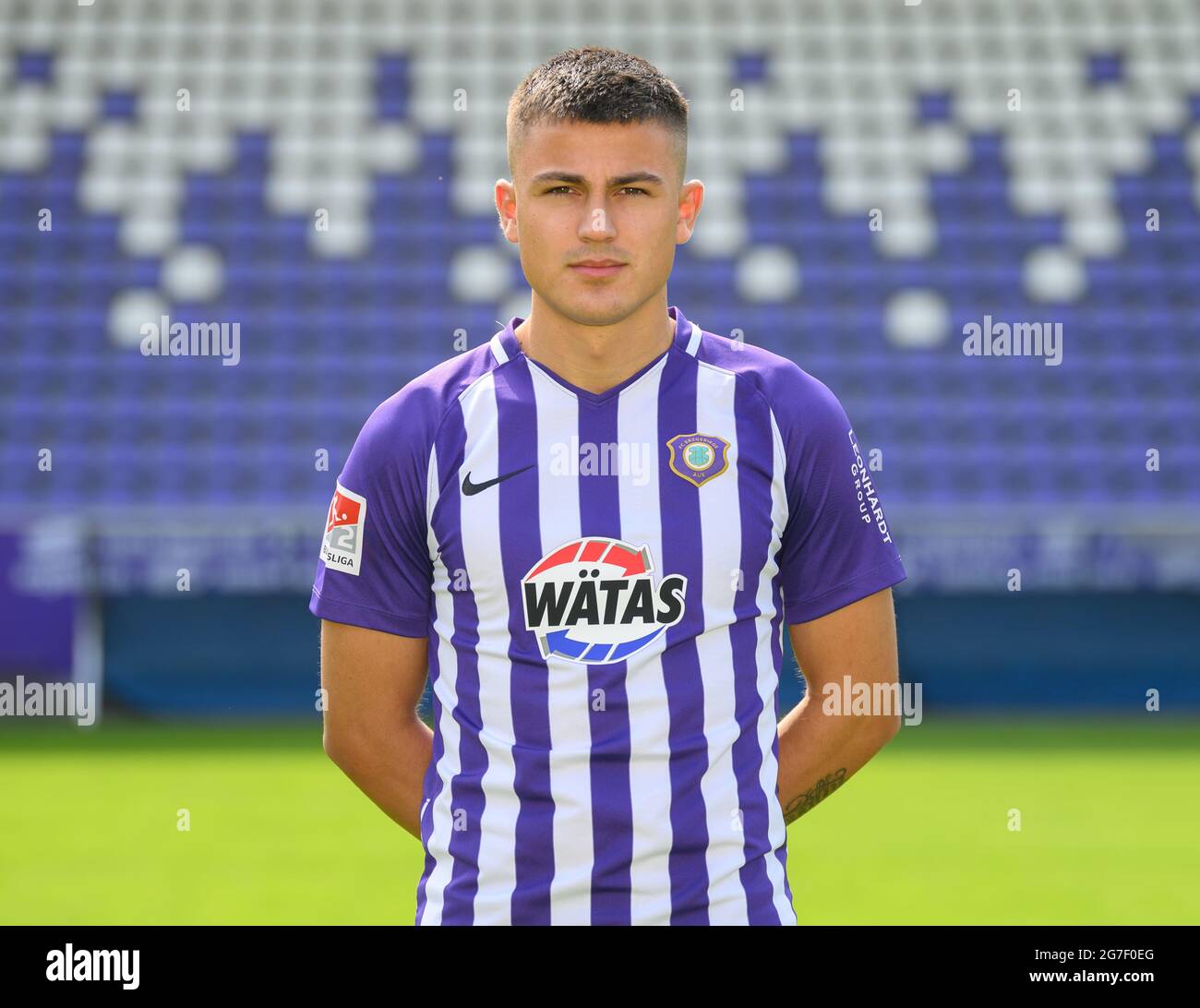 Aue, Germany. 13th July, 2021. Football: 2. league, media day, season 2021/2021, FC Erzgebirge Aue, at Erzgebirgsstadion. Player Antonio Jonjic. Credit: Robert Michael/dpa-Zentralbild/dpa - IMPORTANT NOTE: In accordance with the regulations of the DFL Deutsche Fußball Liga and/or the DFB Deutscher Fußball-Bund, it is prohibited to use or have used photographs taken in the stadium and/or of the match in the form of sequence pictures and/or video-like photo series./dpa/Alamy Live News Stock Photo