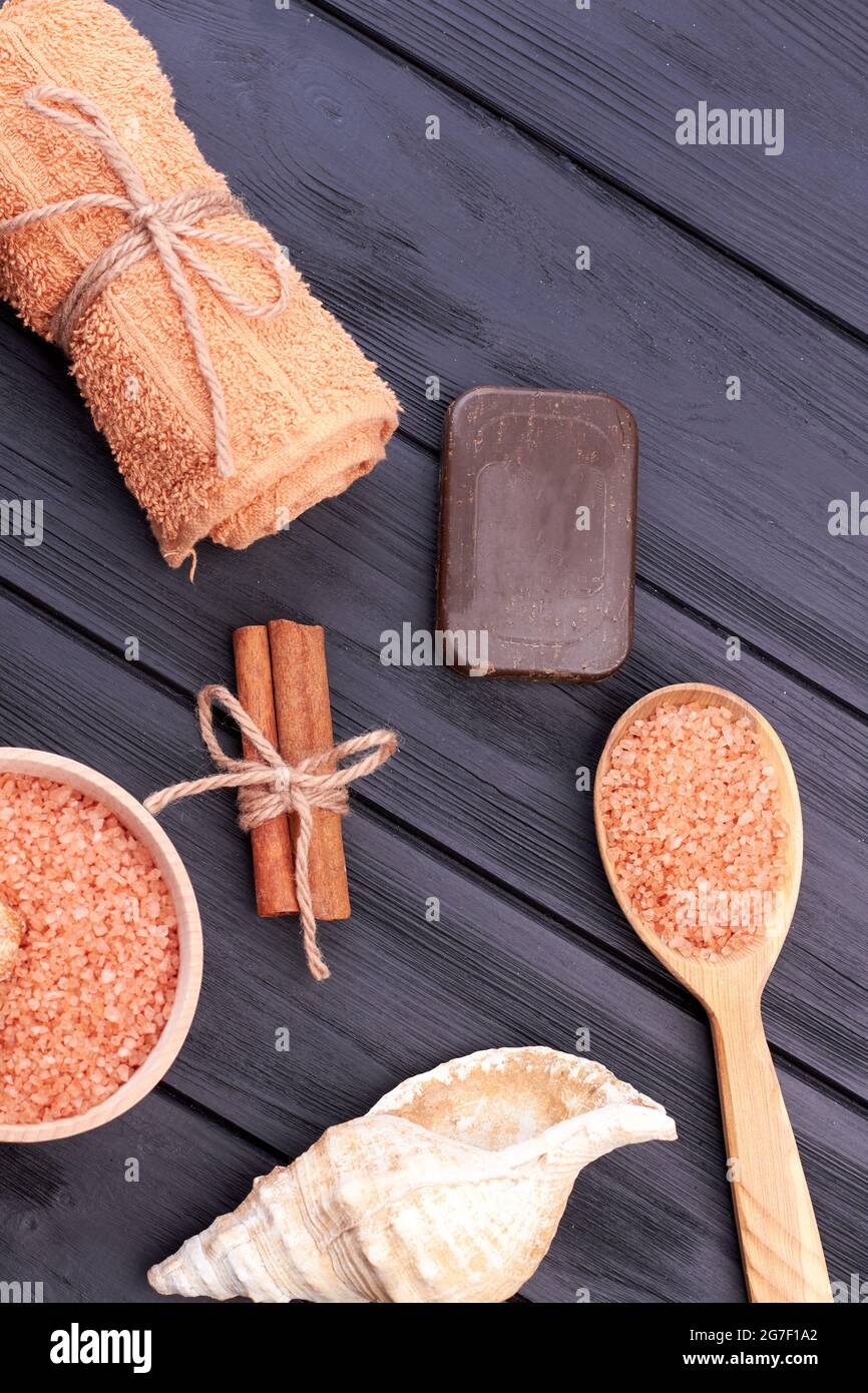 Top view seashell with cinammon and soap. Stock Photo