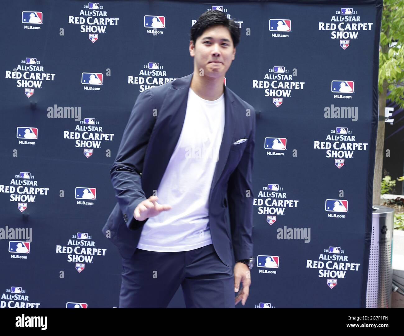 Denver, United States. 13th July, 2021. Los Angeles Angels Shohei Ohtani  poses during the MLB All-Star Red Carpet Show at Coors Field in Denver,  Colorado, on Tuesday, July 13, 2021. Photo by