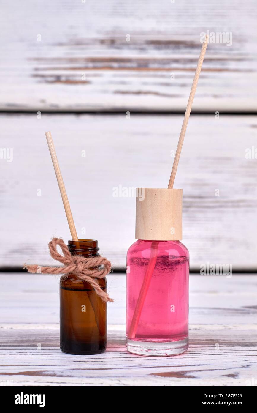 Spa oil bottles for spa and aromatherapy vertical shot. Stock Photo