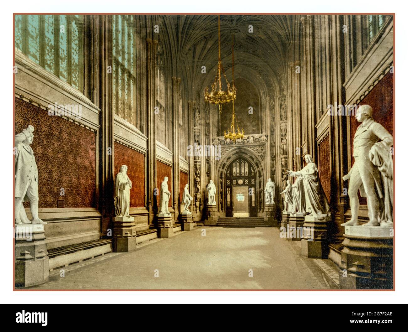 ST STEPHENS HALL Historic Victorian London Image 1900s Palace of Westminster Houses of Parliament, St. Stephen's Hall (Interior), London, England] Photochrom  ca. 1890 and ca. 1900. Statues of famous parliamentarians face one another on either side of the Hall; these include John Hampden, Robert Walpole, William Pitt, Charles James Fox. On either side of the doorways are statues of early Kings and Queens of England. Stock Photo