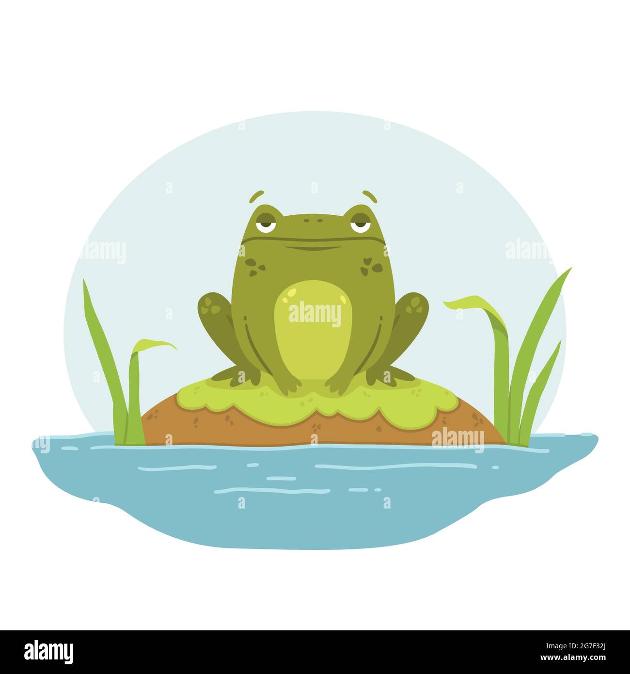 A frog in a swamp. Toad sits on a rock. Cute flat hand drawn character. Vector illustration isolated on white background. Stock Vector