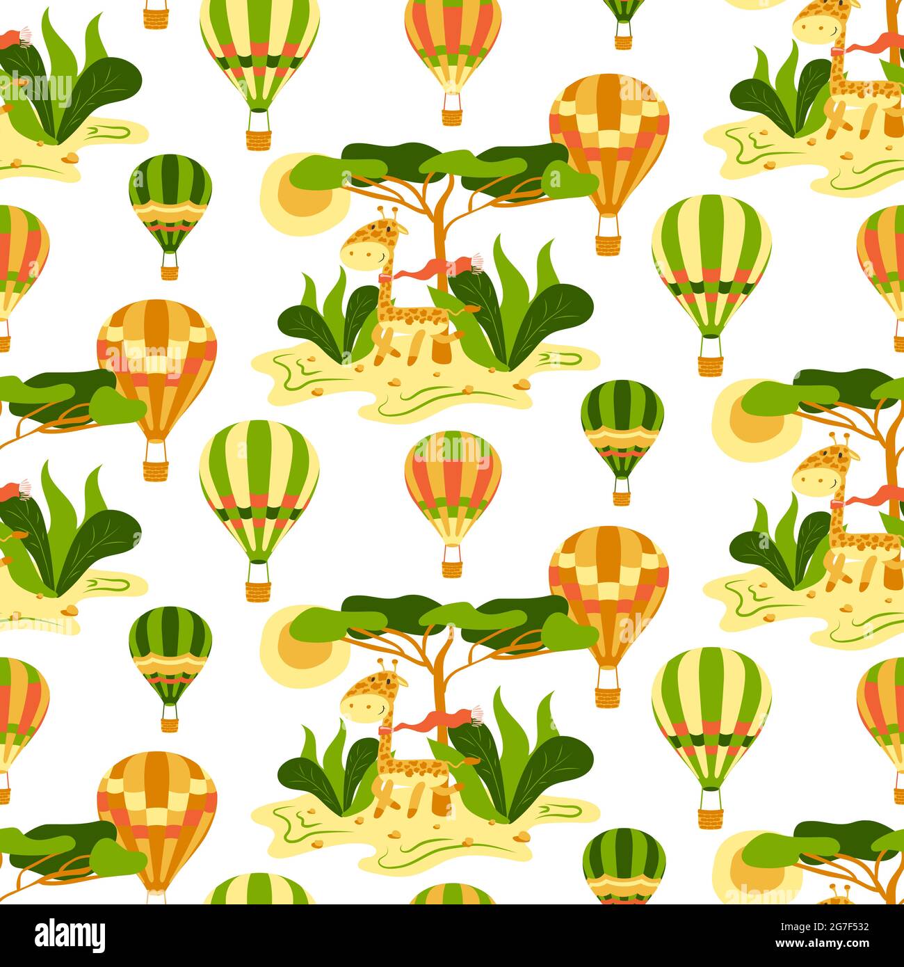 Childish seamless pattern with hot air balloons, giraffe and savanna on a white background. Vector kids texture with cute giraffe and hot air balloon. Stock Vector