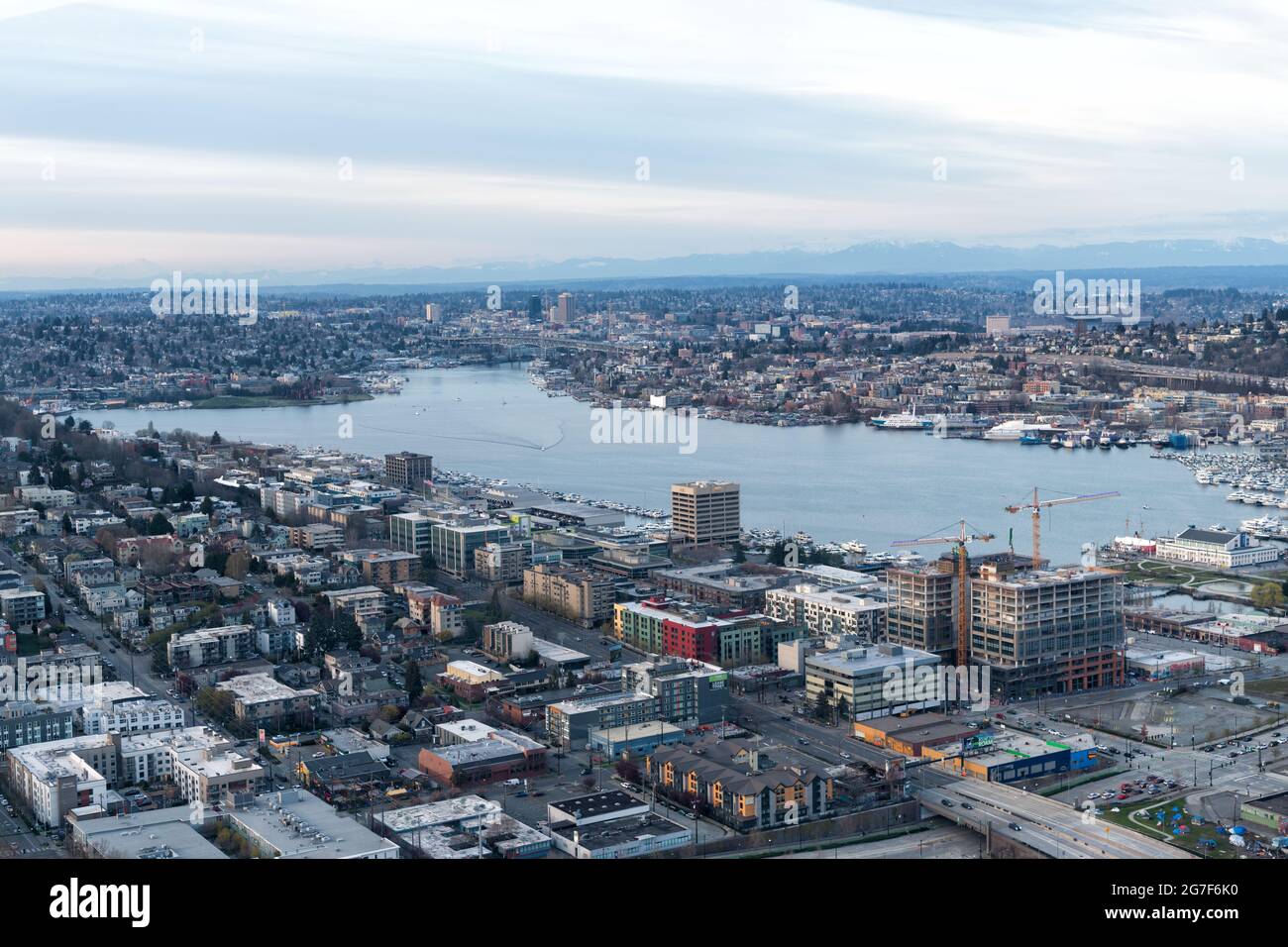 Seattle, Washington D.C. USA - April 03, 2021: seattle skyline with buildings in night aerial view Stock Photo