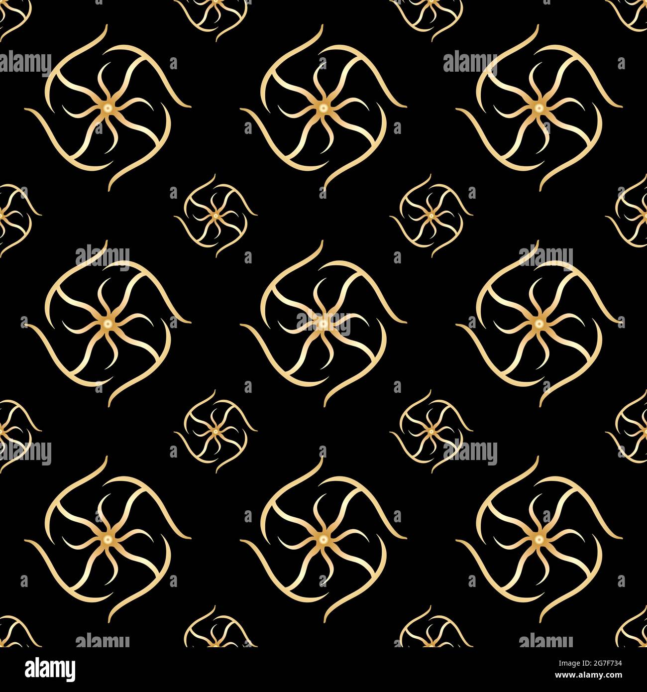 Seamless pattern of golden geometric shapes on a black background in an ...
