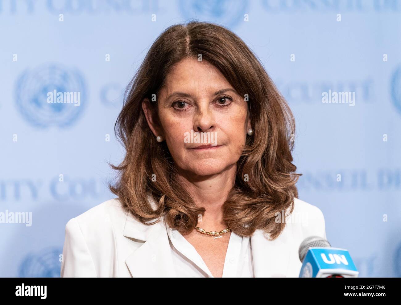 New York, New York, USA. 13th July, 2021. Vice-President and Minister for  Foreign Affairs of Colombia Marta Lucia Ramirez briefs press after the SC  meeting on Colombia at UN Headquarters in New