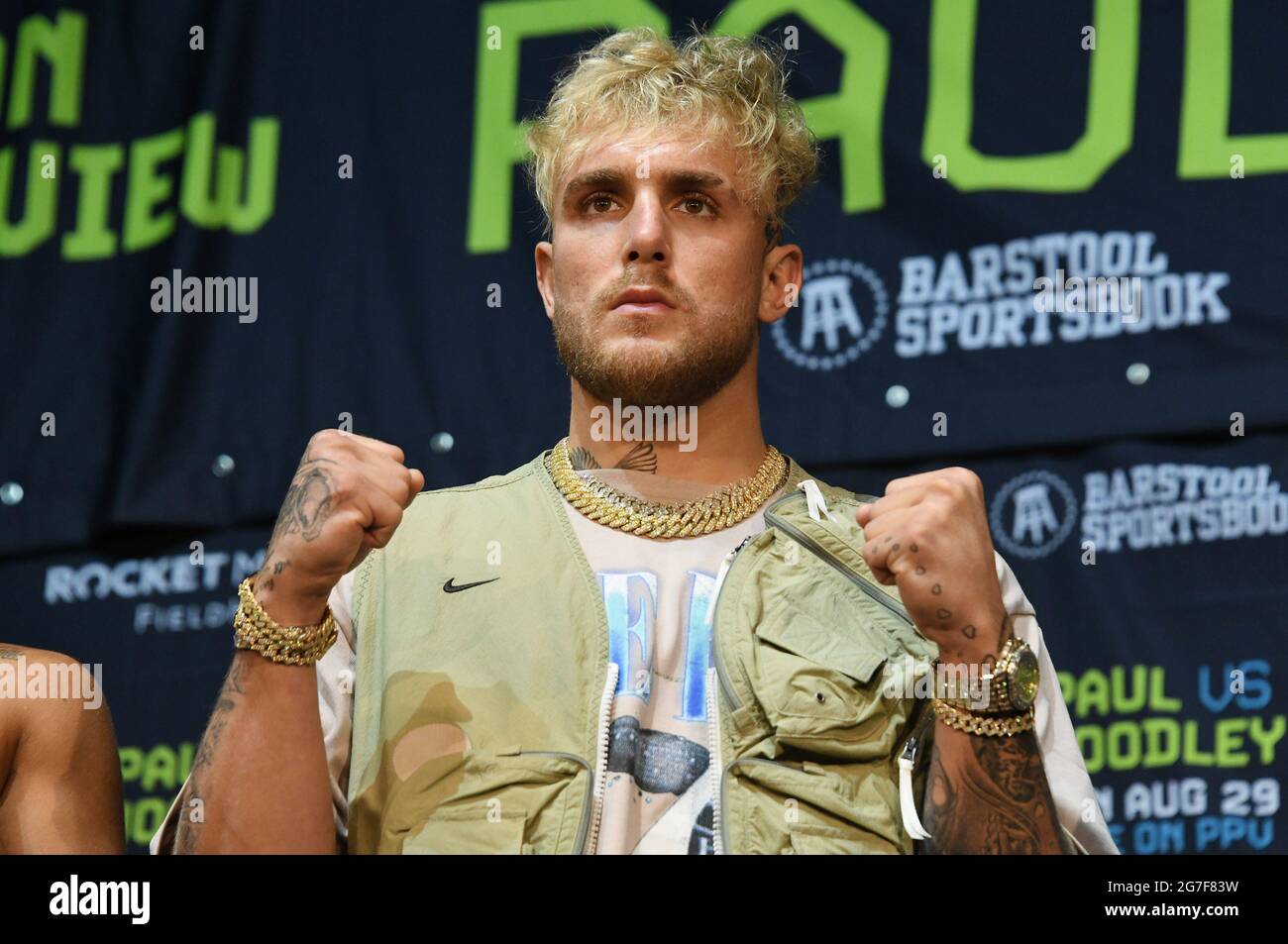 Los Angeles, USA. 13th July, 2021. Jake Paul at the JAKE PAUL VS. TYRON WOODLEY Los Angeles Press Conference held at The Novo at L.A. LIVE in Los Angeles, CA on Tuesday, ?July 13, 2021. (Photo By Sthanlee B. Mirador/Sipa USA) Credit: Sipa USA/Alamy Live News Stock Photo