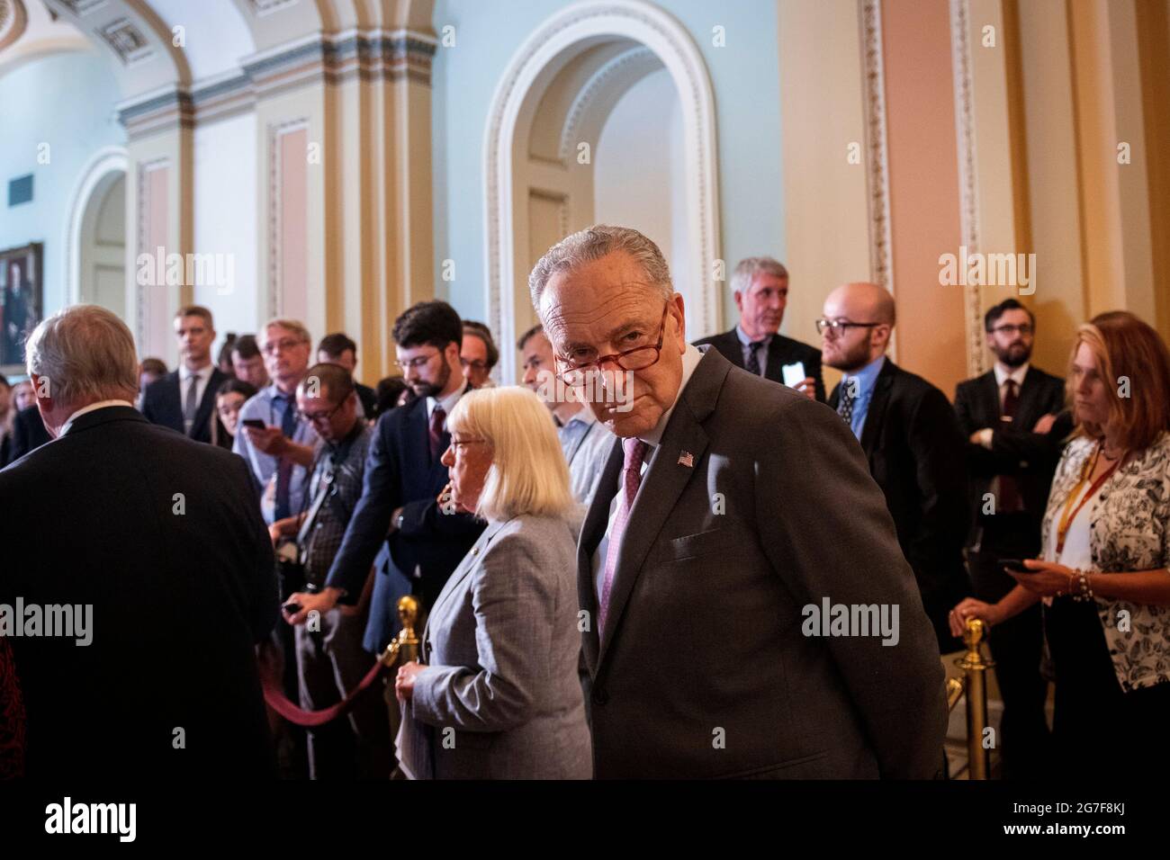 Washington, Vereinigte Staaten. 13th July, 2021. United States Senate Majority Leader Chuck Schumer (Democrat of New York) waits to field questions from reporters a press conference following the Senate Democrat luncheon at the US Capitol in Washington, DC, Tuesday, July 13, 2021. Credit: Rod Lamkey/CNP/dpa/Alamy Live News Stock Photo