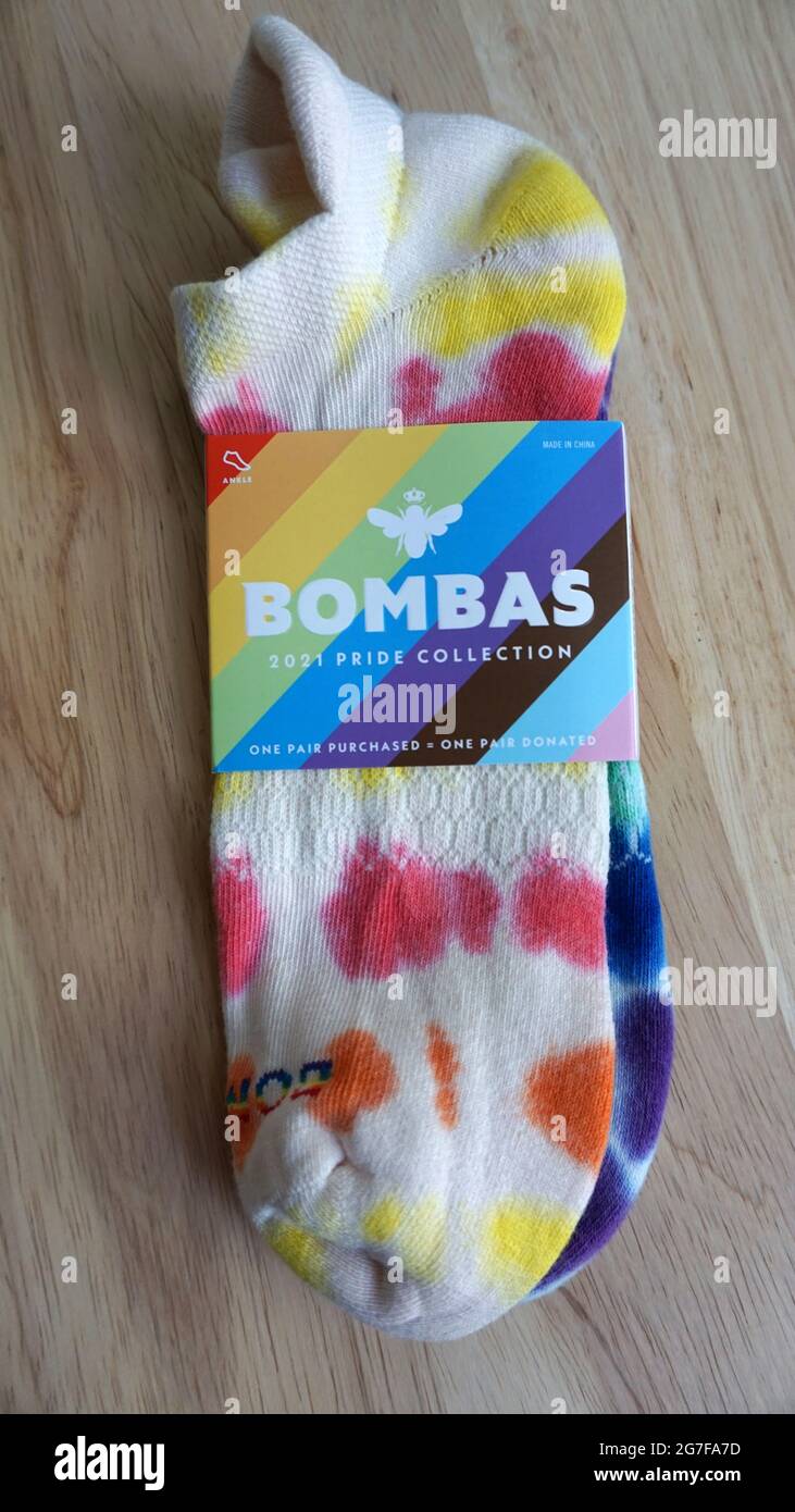 Bombas Color Swatch Tie Dye Ankle Socks - part of the Bombas Pride Collection to support and celebrate the LGBTQ+ community Stock Photo