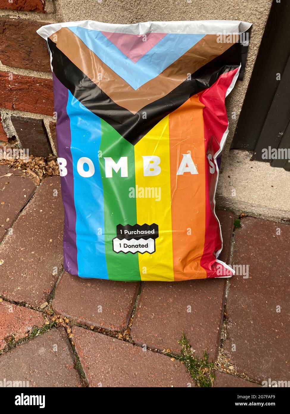 LGBTQ+ pride packaging for shipment of Bombas socks order Stock Photo