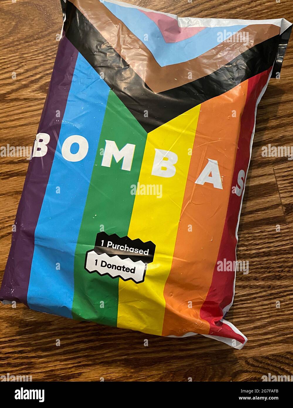 LGBTQ+ pride packaging for shipment of Bombas socks order Stock Photo