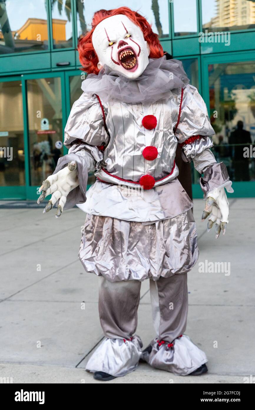 An attendee portrays Pennywise the Dancing Clown, at Comic Con in Los Angeles, CA, United States Stock Photo