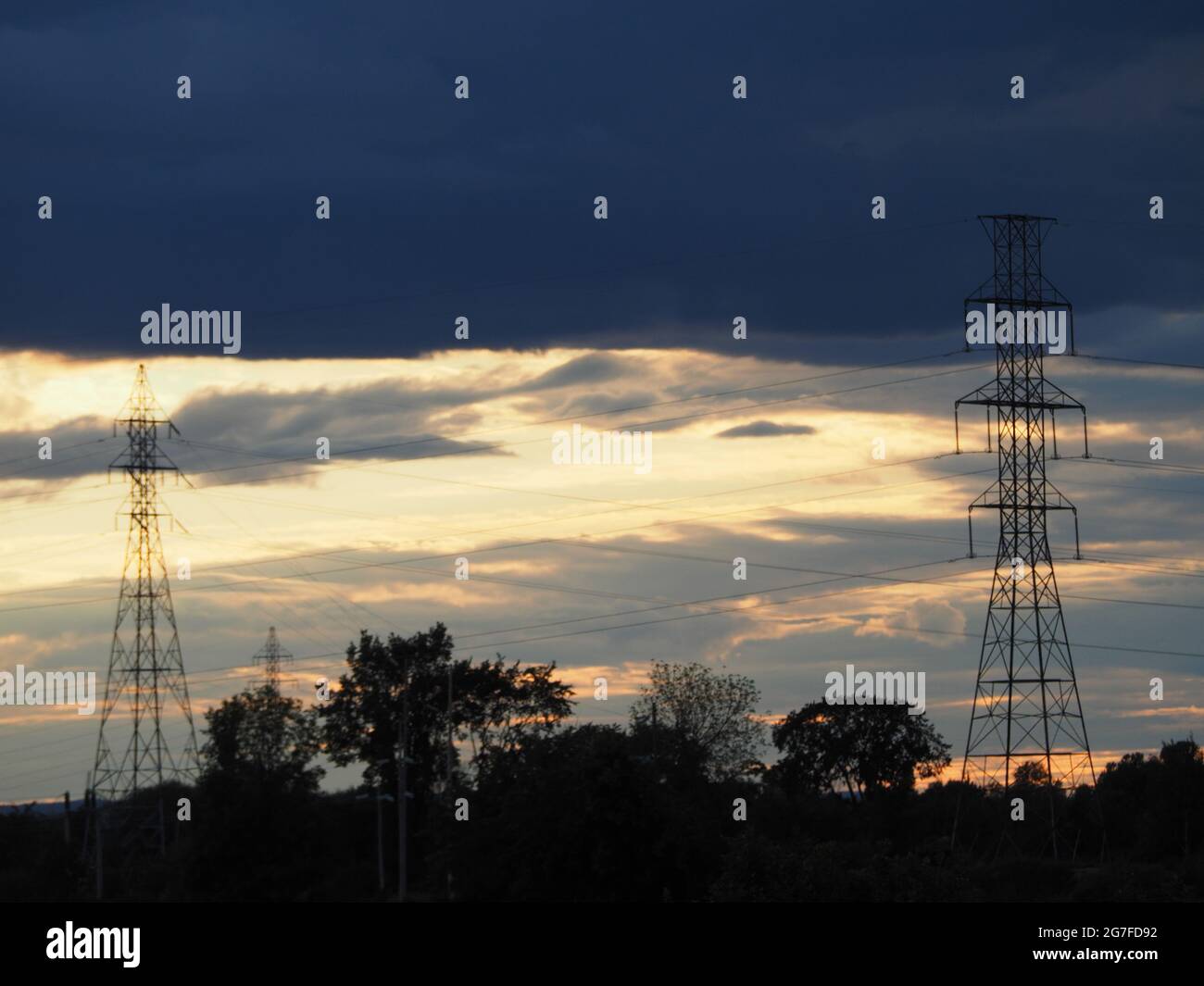 High voltage power lines on pylons. Quebec,Canada Stock Photo Alamy
