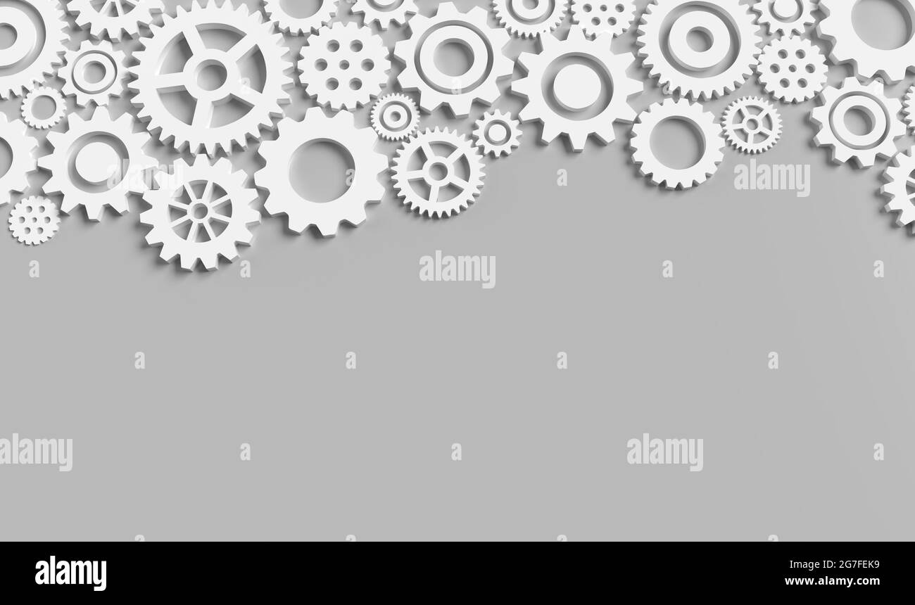 White gears mechanism on grey background industry or technology concept template Stock Photo