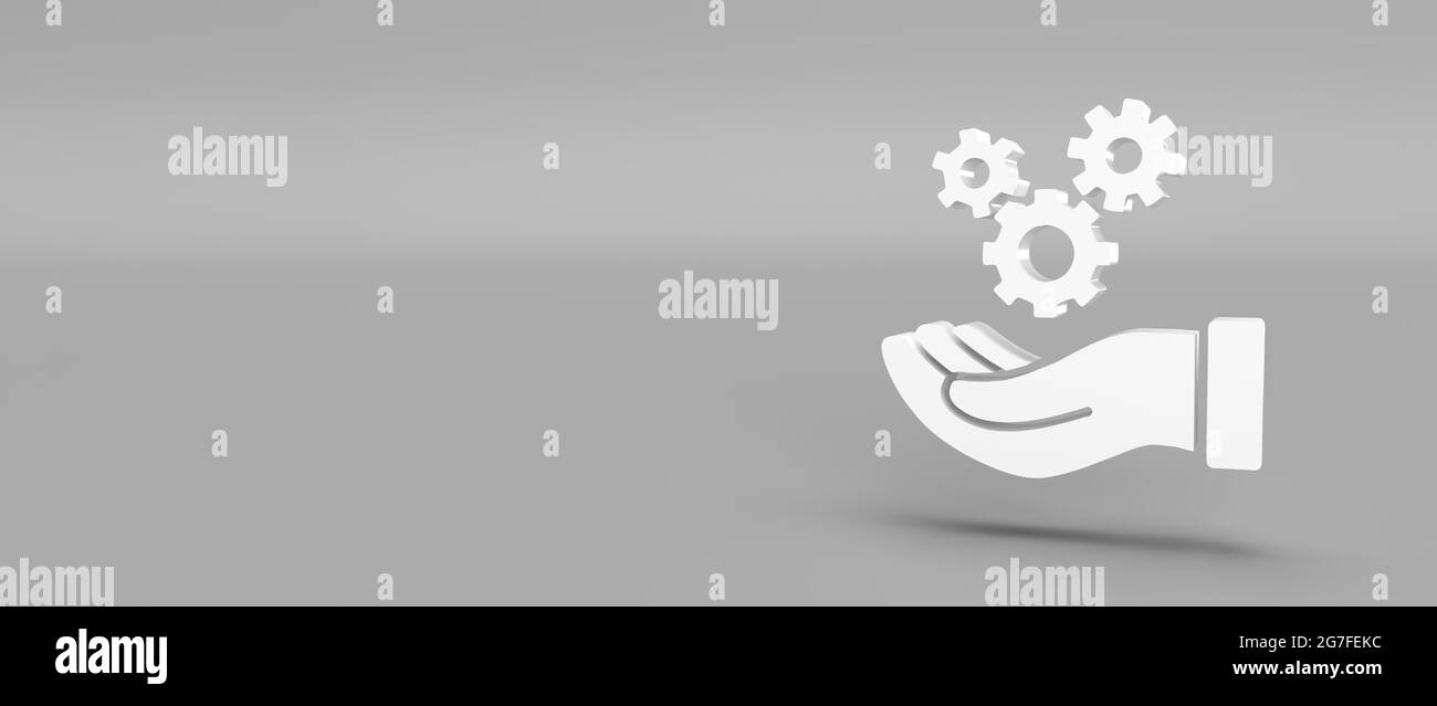 Hand with gears white 3D icon maintenance symbol grey background Stock Photo