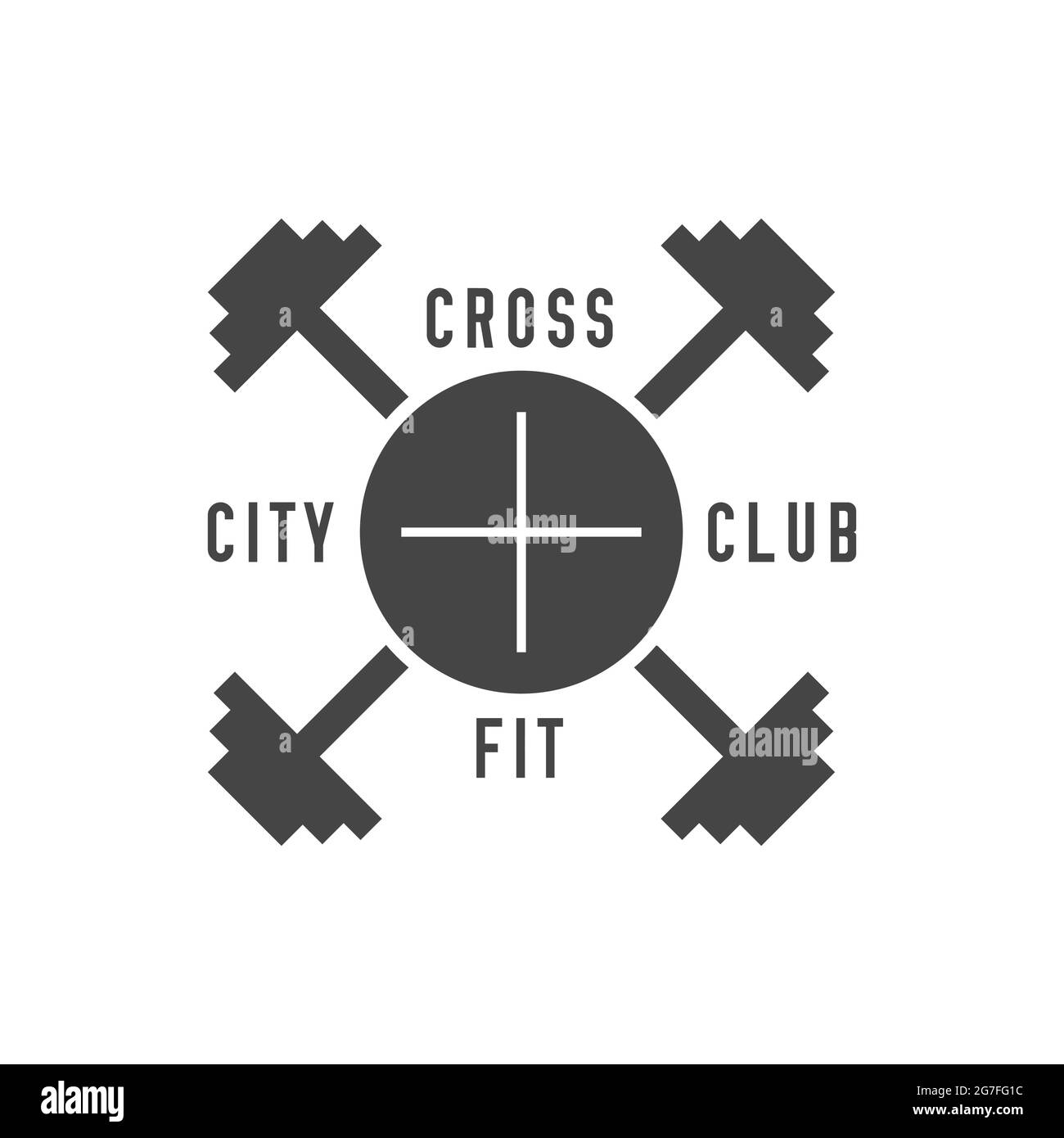Cross fit city club. Gym bodybuilding, fitness center emblem. Crossed dumbbells. Vector illustration. Stock Vector