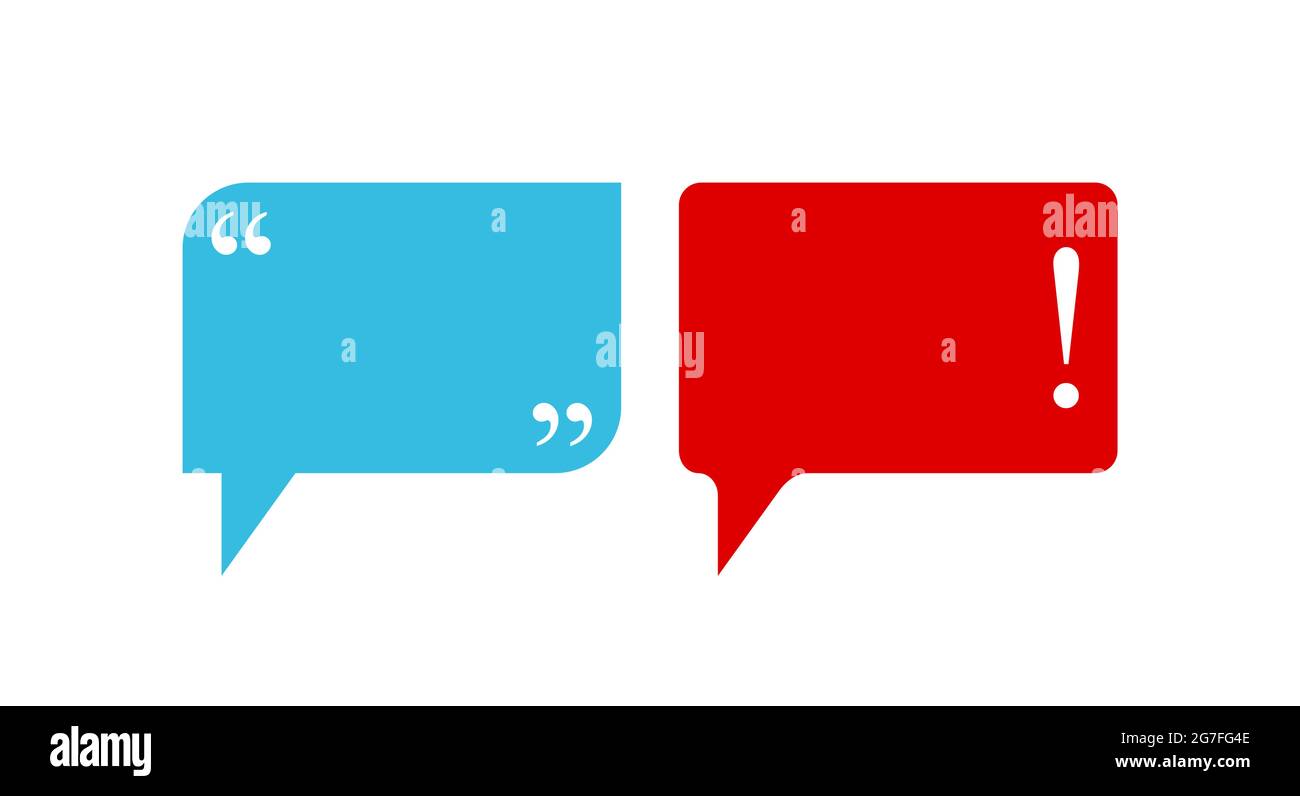 Chat bubbles with commas and exclamation mark. Empty text boxes or quote frames. Isolated vector illustration. Stock Vector