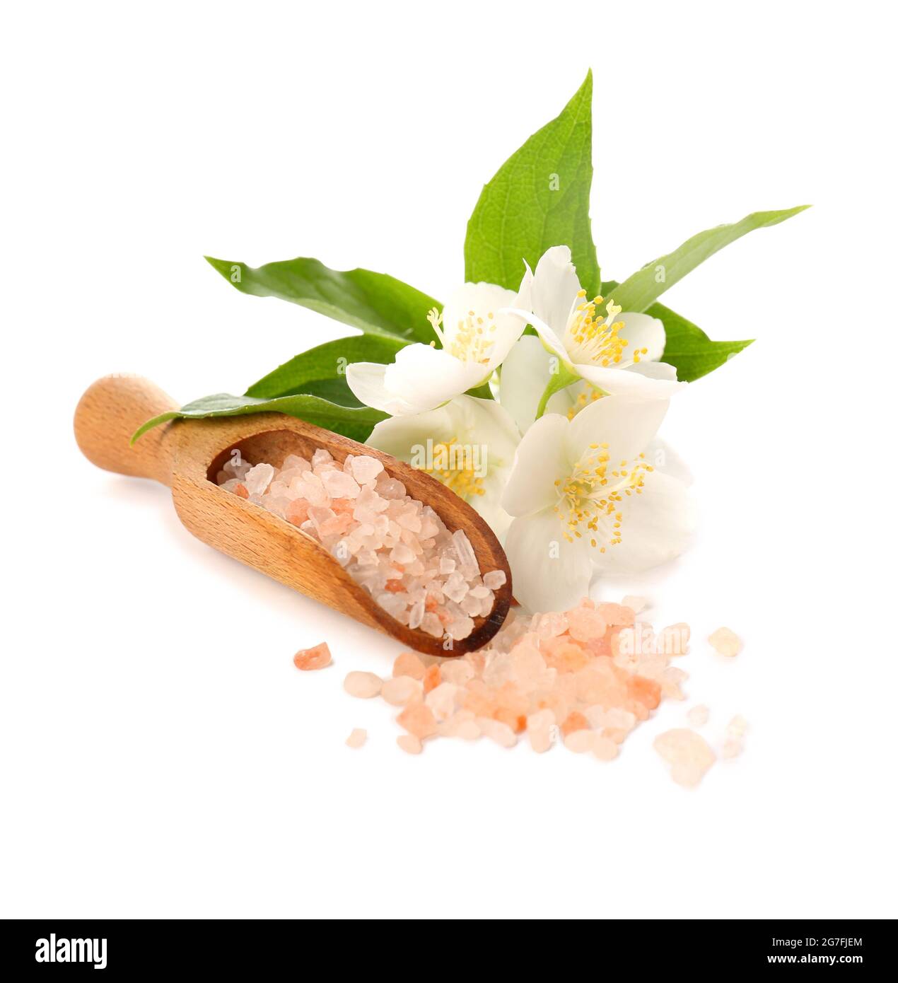 Scoop with sea salt and jasmine flowers on white background Stock Photo