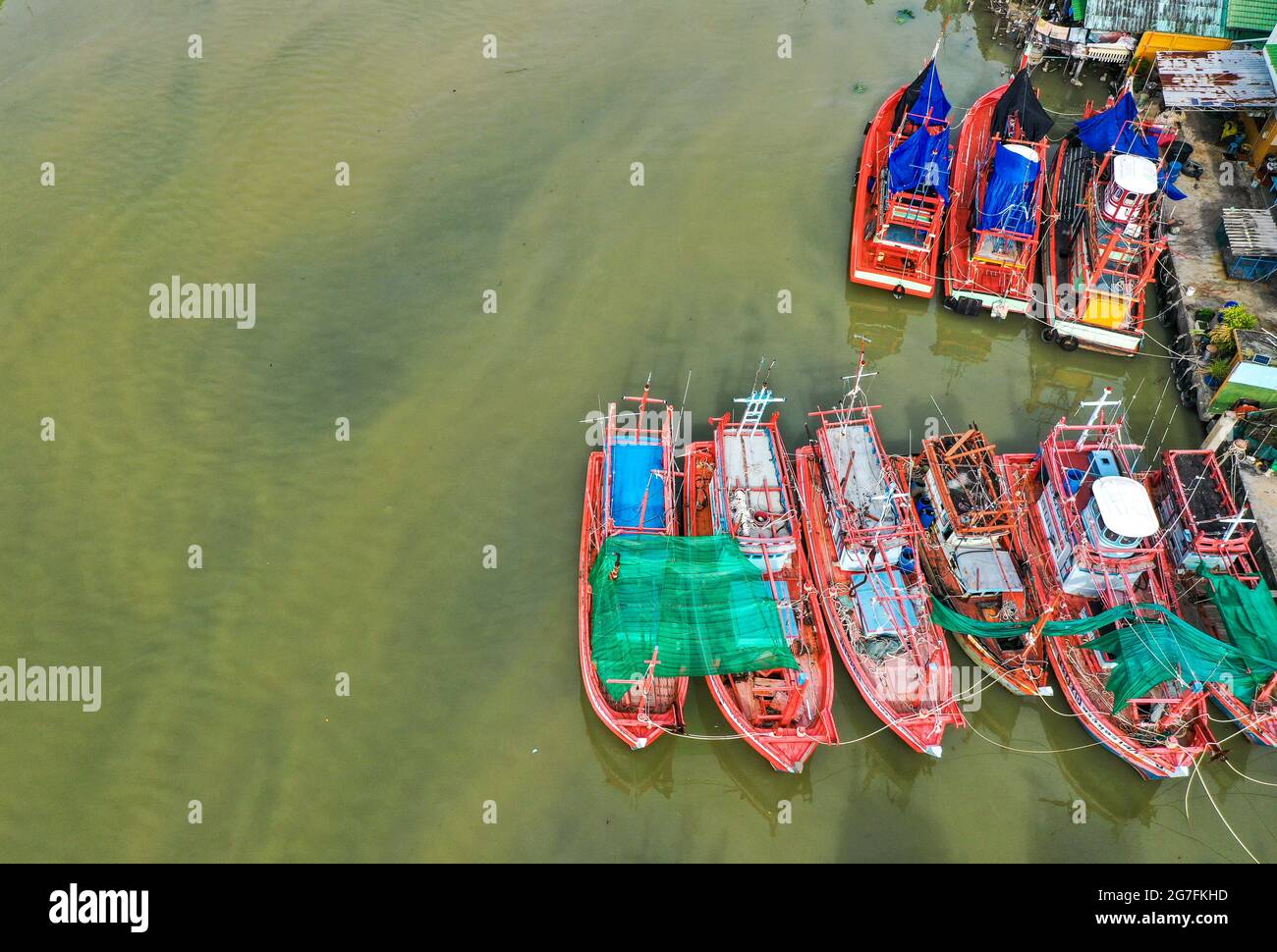 Aerial view of Rayong River and fishing boats in Rayong, Thailand Stock