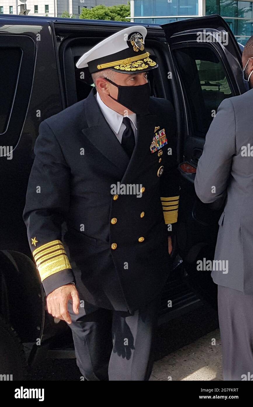 14th July, 2021. U.S. commander visits S. Korea Adm. Charles Richard, commander of the U.S. Strategic Command, arrives at the headquarters of South Korea's Joint Chiefs of Staff (JCS) in Seoul on July 14, 2021, to meet with JCS Chairman Gen. Won In-choul. Credit: Yonhap/Newcom/Alamy Live News Stock Photo