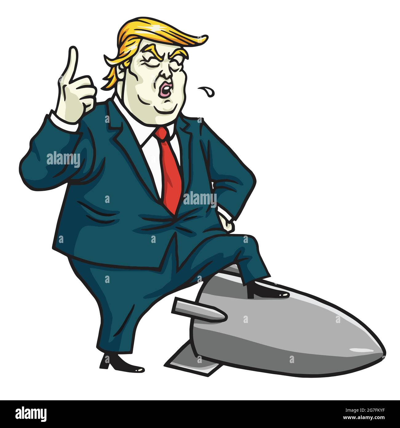 Donald Trump Standing on Nuclear Missile. Cartoon Vector Illustration Stock Vector