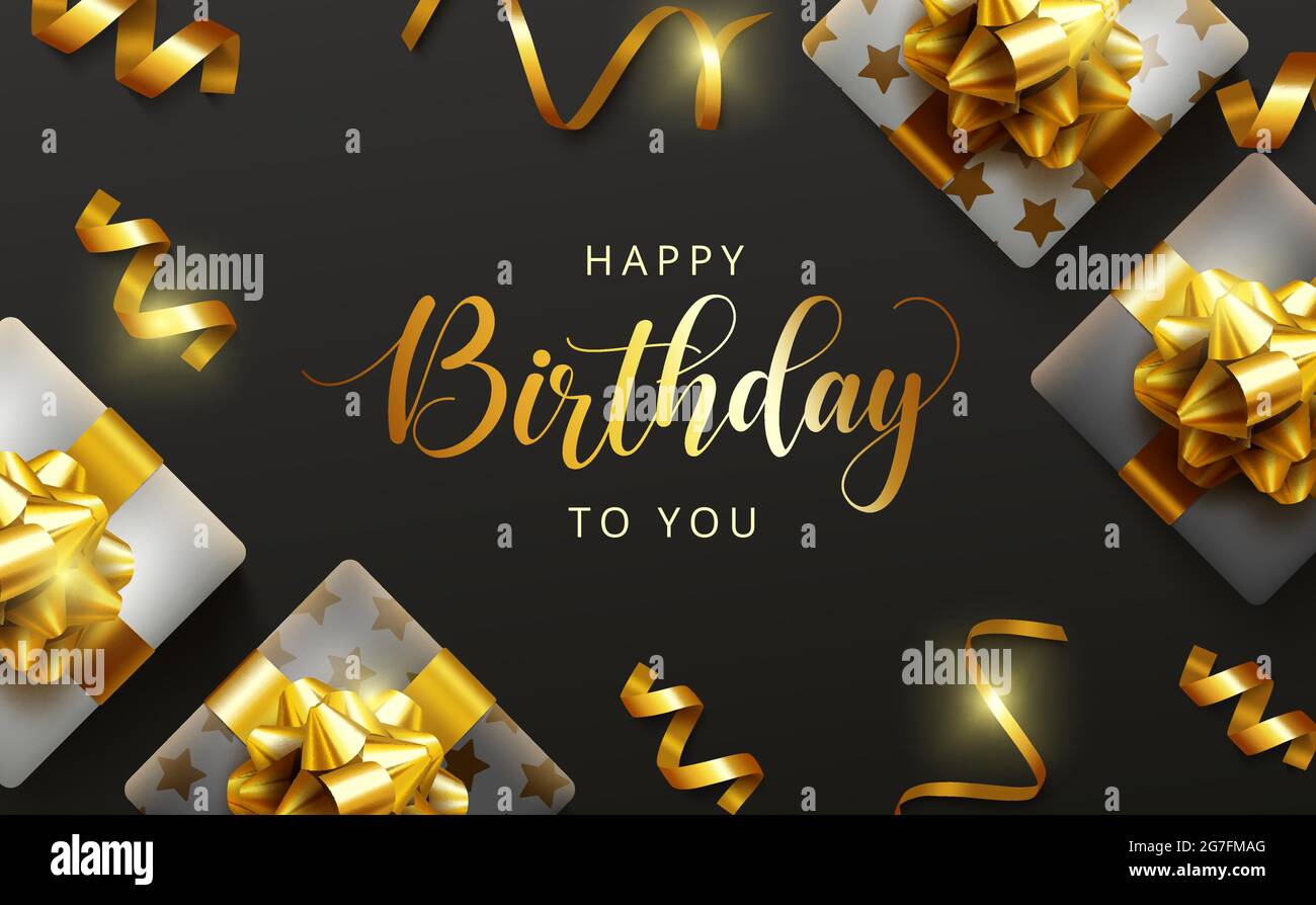 Birthday gifts vector background design. Happy birthday to you greeting  text with elegant gift boxes and gold ribbon birth day party elements Stock  Vector Image & Art - Alamy