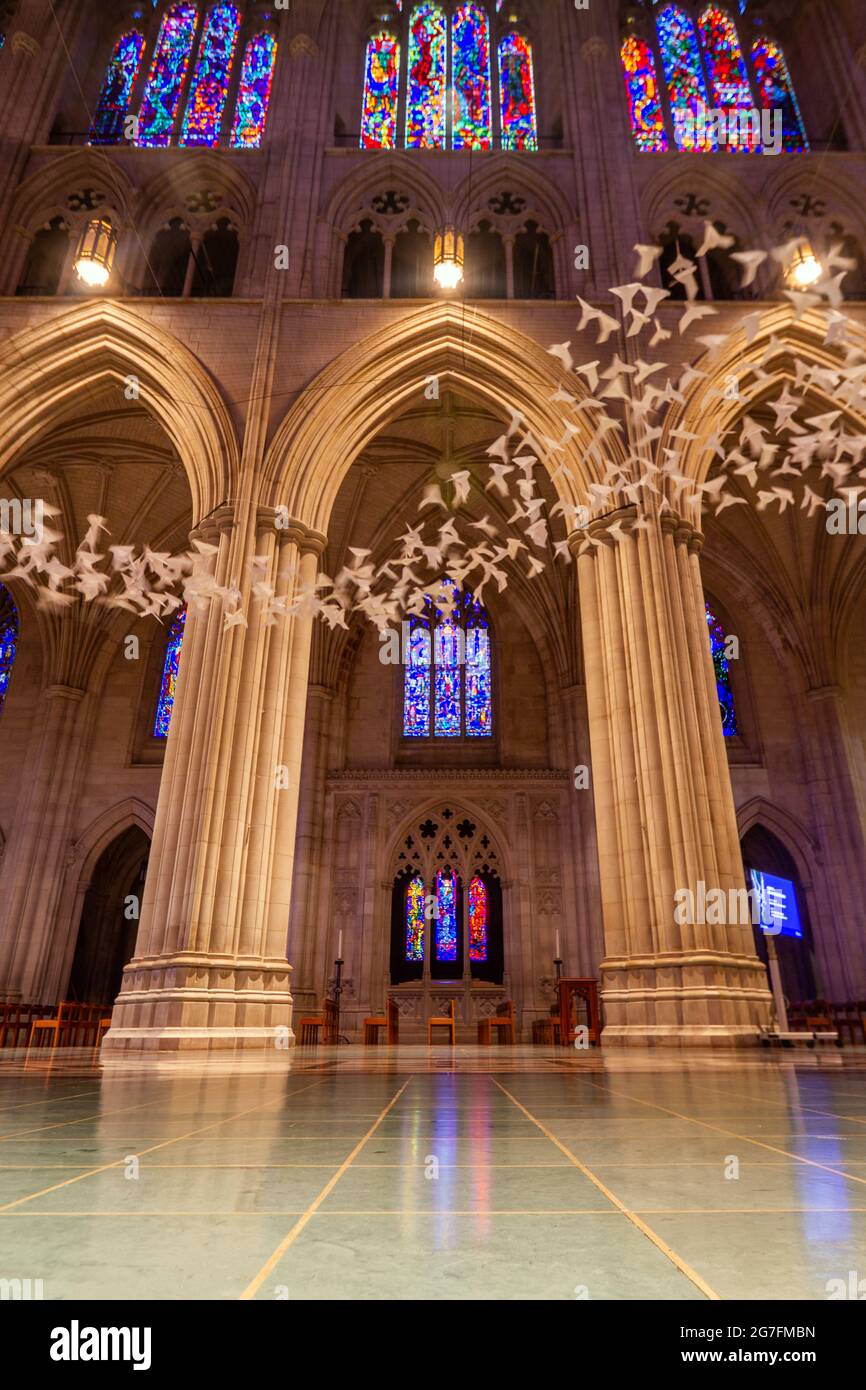 Michael Pendry’s “Les Colombes” (the Doves) art installation of 2,000 origami doves at the Washington National Cathedral in Washington, DC - July 2021 Stock Photo