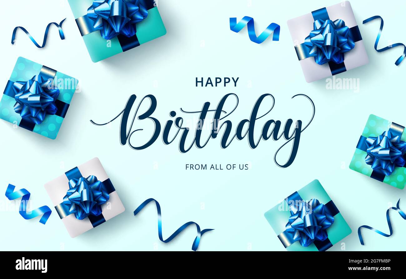 Happy birthday gifts vector background design. Happy birthday to you text  with gift boxes and blue ribbon lasso celebrating elements for birth day  Stock Vector Image & Art - Alamy