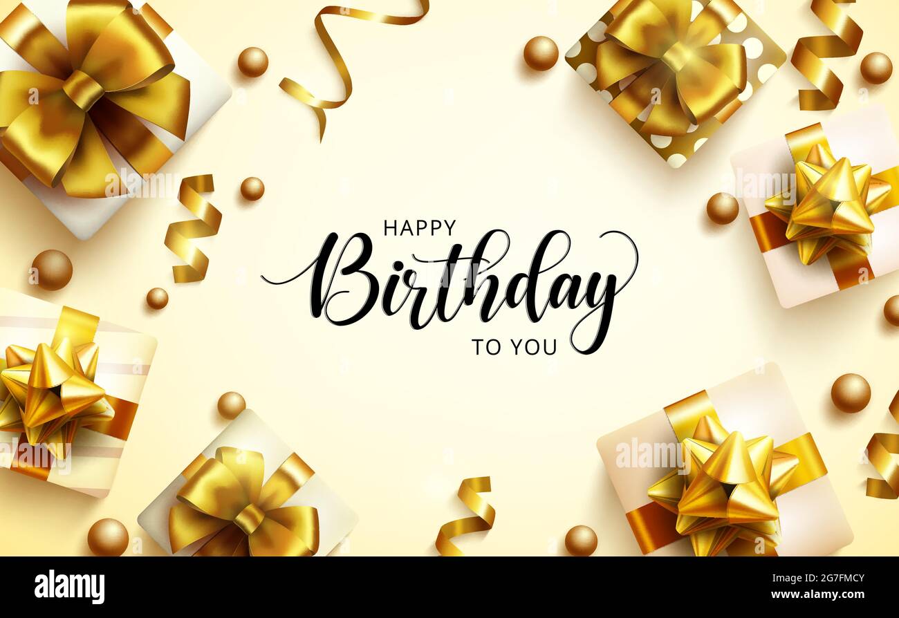 Birthday gold gifts vector background design. Happy birthday to you  greeting text with golden elegant gift boxes, ribbon and pearls elements  Stock Vector Image & Art - Alamy