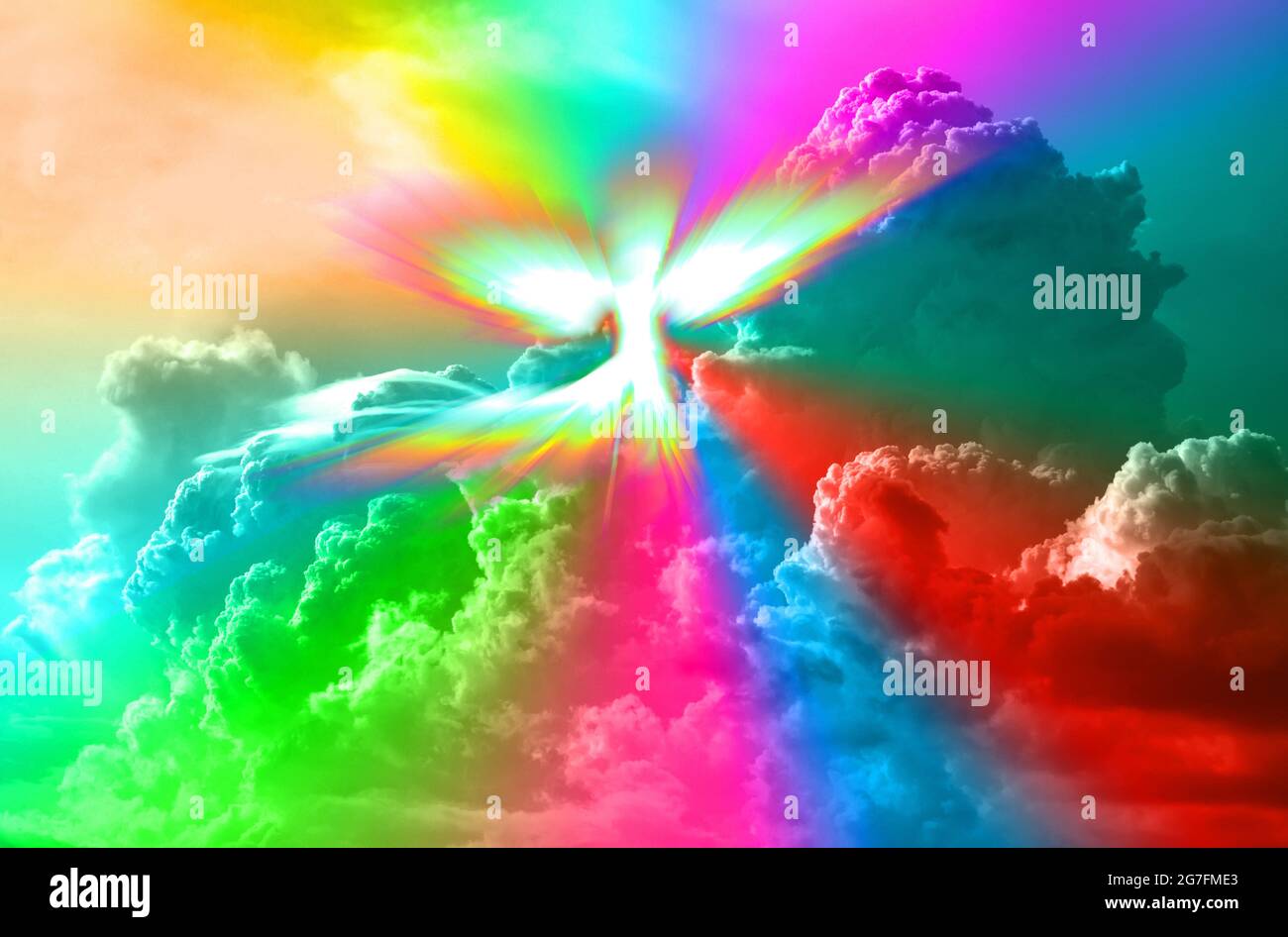 Shiny Angel rainbow Lights Color. Cloudy Sky Angelic Bright Wings