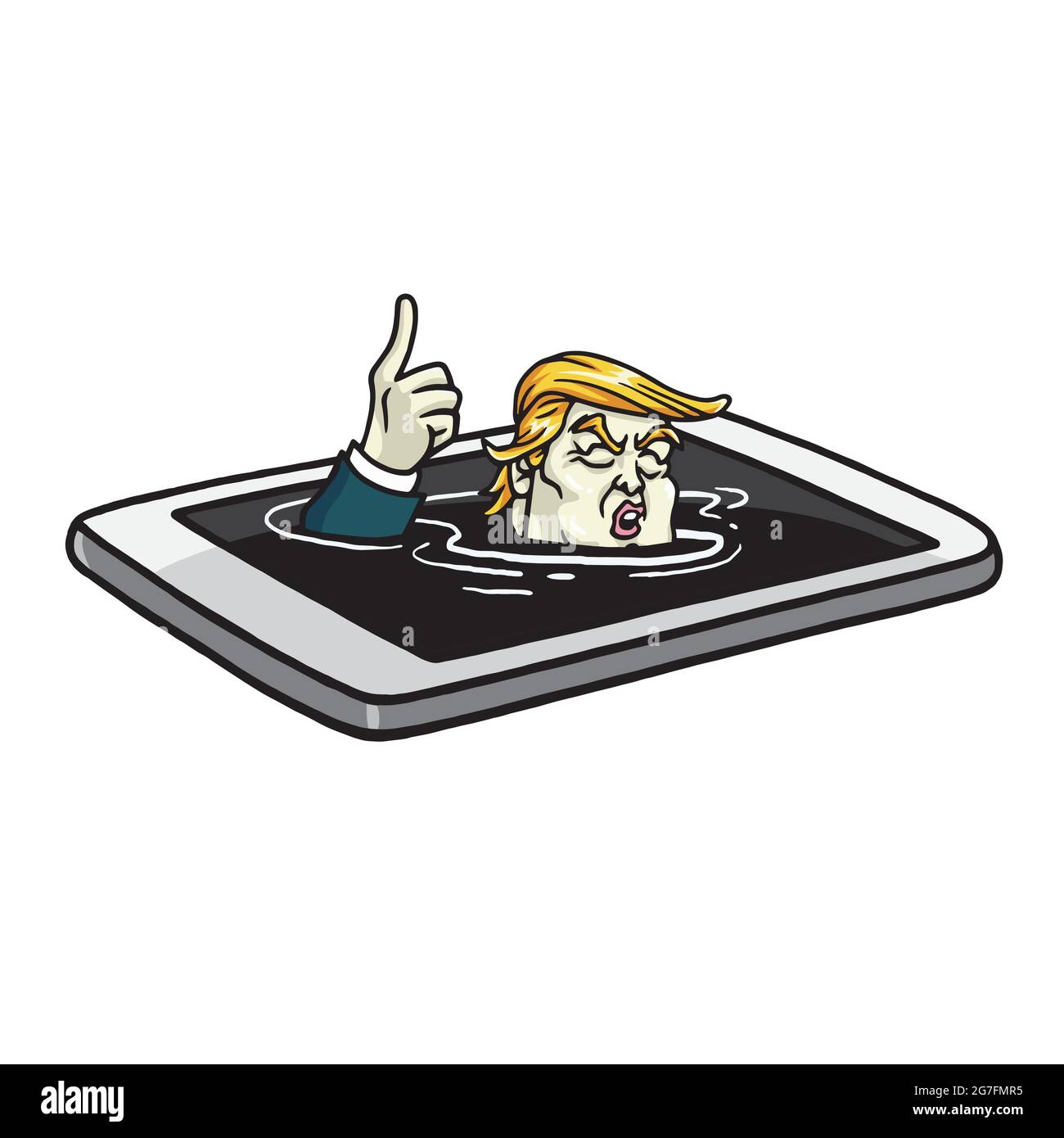 Donald Trump Drowning in Mobile Phone. Cartoon Illustration Vector Stock Vector