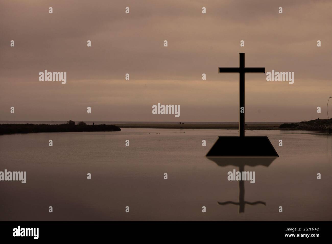cross on river landscape, Jesus Christ cross symbol on a water sky , Christian religion resurrection concept Stock Photo