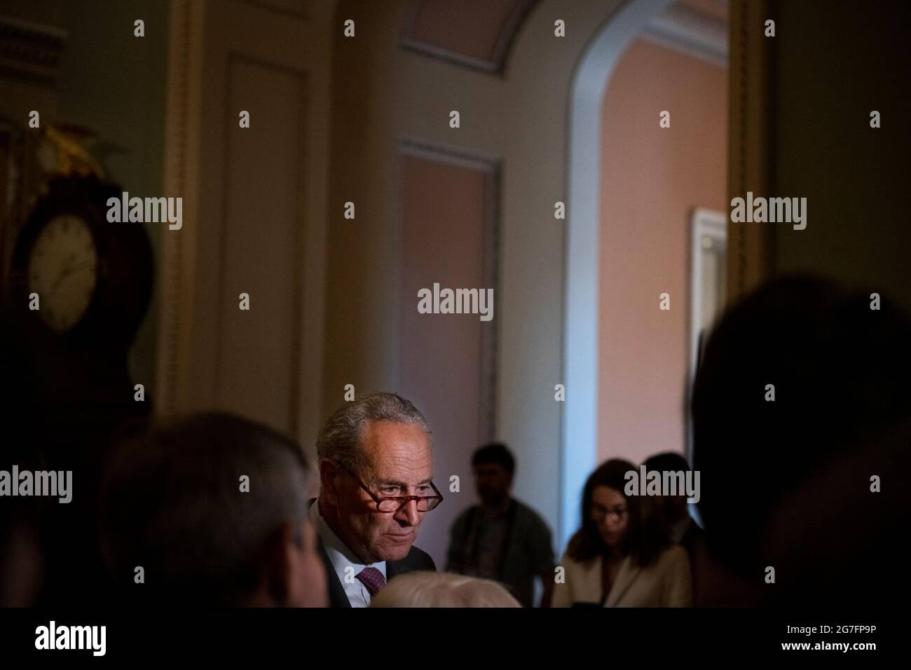 United States Senate Majority Leader Chuck Schumer (Democrat of New York) waits to field questions from reporters a press conference following the Senate Democrat luncheon at the US Capitol in Washington, DC, Tuesday, July 13, 2021. Credit: Rod Lamkey/CNP /MediaPunch Stock Photo