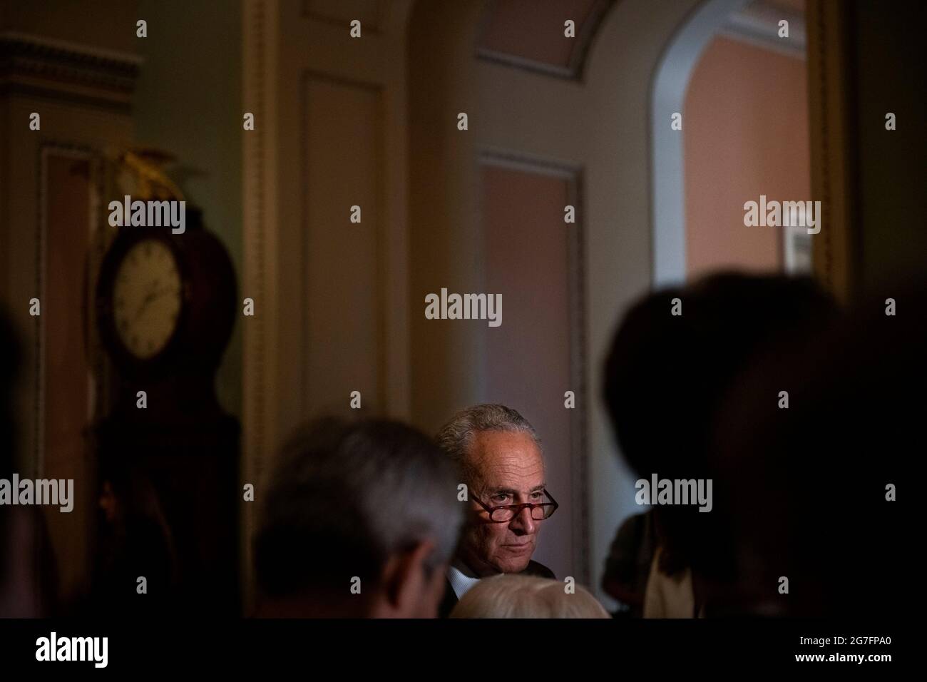 United States Senate Majority Leader Chuck Schumer (Democrat of New York) waits to field questions from reporters a press conference following the Senate Democrat luncheon at the US Capitol in Washington, DC, Tuesday, July 13, 2021. Credit: Rod Lamkey/CNP /MediaPunch Stock Photo