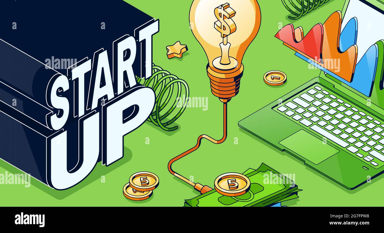 Startup isometric business concept with glowing light bulb, laptop with data chart and money pile. Successful project launch, company idea development and success, 3d vector line art illustration Stock Vector