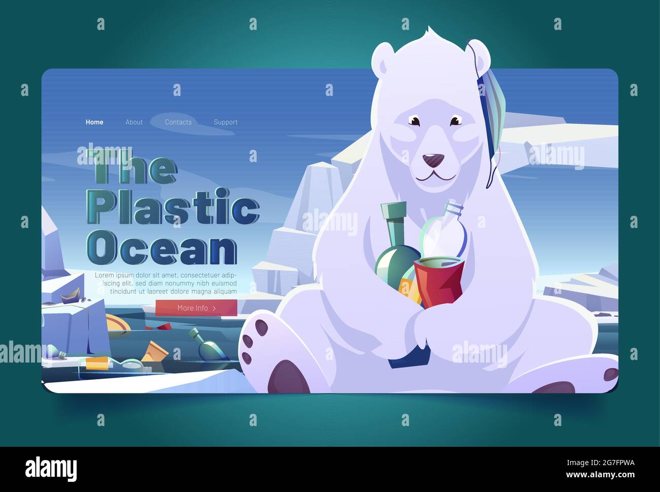 Plastic ocean landing page with polar bear and seal on glacier and garbage floating in sea. Vector flyers of ocean pollution with cartoon illustration of wild arctic animals, waste and trash Stock Vector