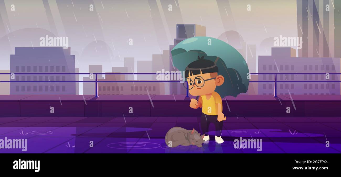 Boy under umbrella with homeless cat protect pet from autumn rain. Animal rescue, protection, support and love concept. Adoption and custody, help stray kitten, shelter, Cartoon vector illustration Stock Vector