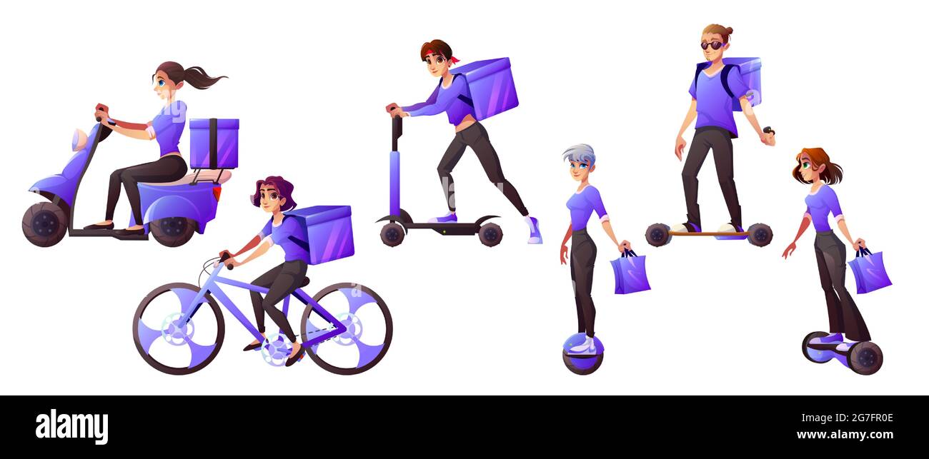 Delivery service workers riding electric transport bicycle, scooter, hoverboard and monowheel. Men and women couriers in uniform shipping food, goods and parcels, Cartoon vector illustration, set Stock Vector