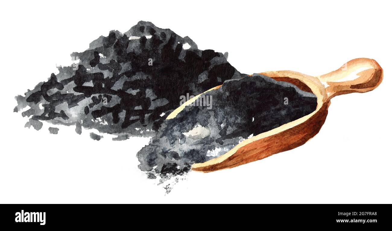 Natural charcoal powder. Watercolor hand drawn illustration isolated on
