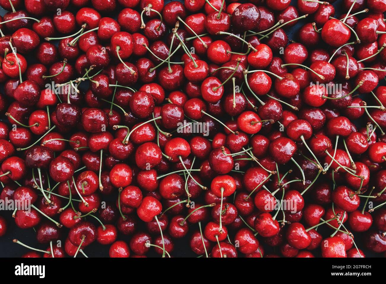 Flat lay background with heap of fresh red sweet cherry. Eco farm food cultivation. Healthy eating lifestyle concept. High quality photo Stock Photo