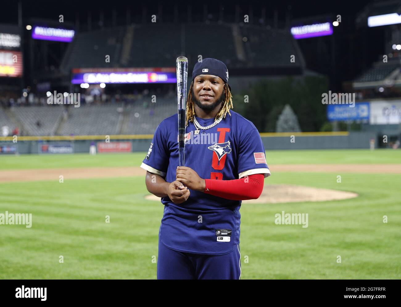 Denver, United States. 13th July, 2021. Toronto Blue Jays first baseman Vladimir Guerrero Jr. holds the trophy after being named the MVP of the 2021 MLB All-Star Game at Coors Field in Denver, Colorado, on Tuesday, July 13, 2021. Photo by Bob Strong/UPI Credit: UPI/Alamy Live News Stock Photo