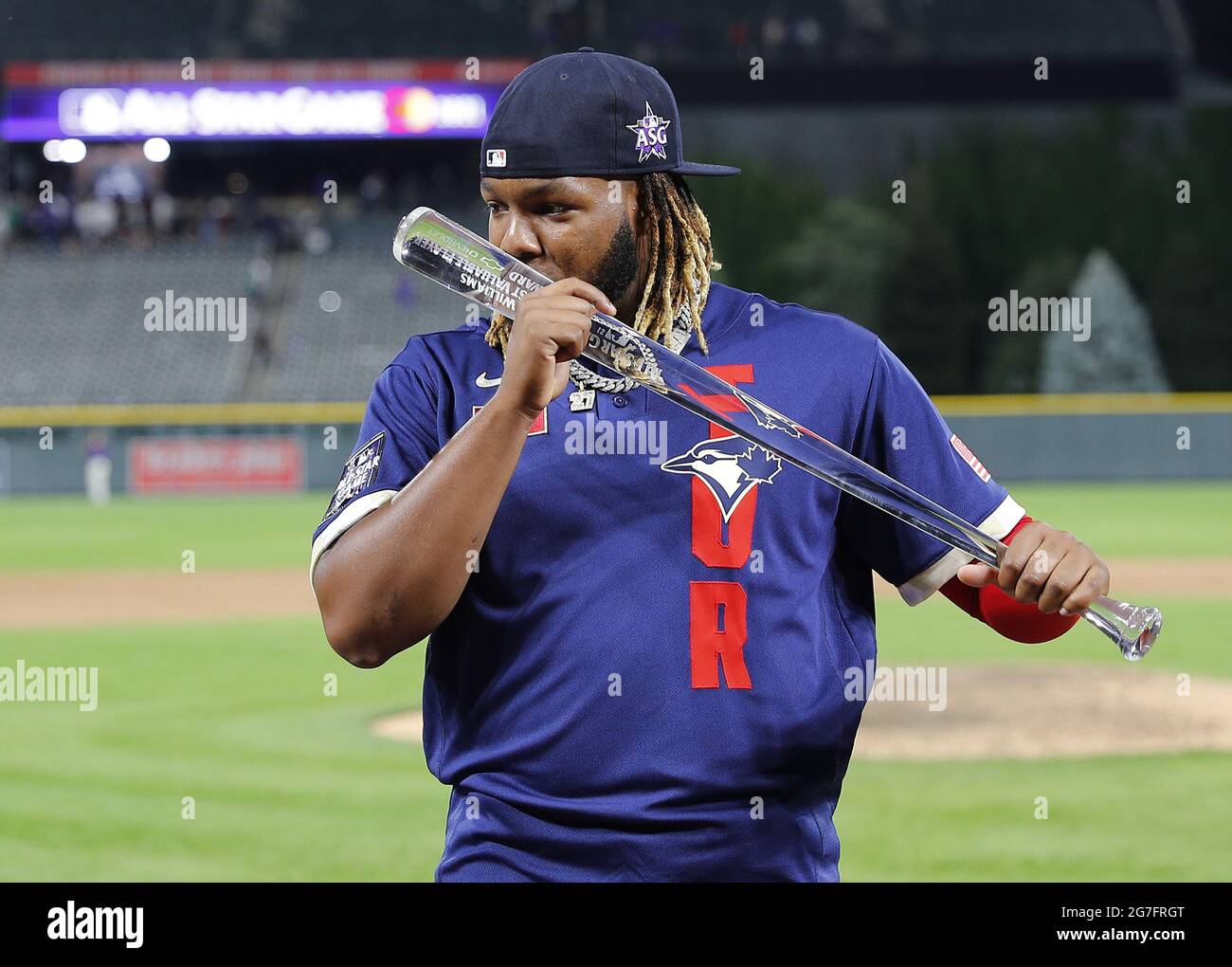 Denver, United States. 13th July, 2021. Toronto Blue Jays first baseman Vladimir Guerrero Jr. kisses his trophy after being named the MVP of the 2021 MLB All-Star Game at Coors Field in Denver, Colorado, on Tuesday, July 13, 2021. Photo by Bob Strong/UPI Credit: UPI/Alamy Live News Stock Photo