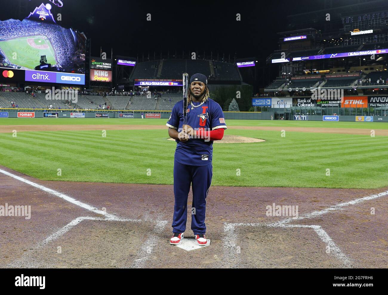 Denver, United States. 13th July, 2021. Toronto Blue Jays first baseman Vladimir Guerrero Jr. holds the trophy after being named the MVP of the 2021 MLB All-Star Game at Coors Field in Denver, Colorado, on Tuesday, July 13, 2021. Photo by Bob Strong/UPI Credit: UPI/Alamy Live News Stock Photo