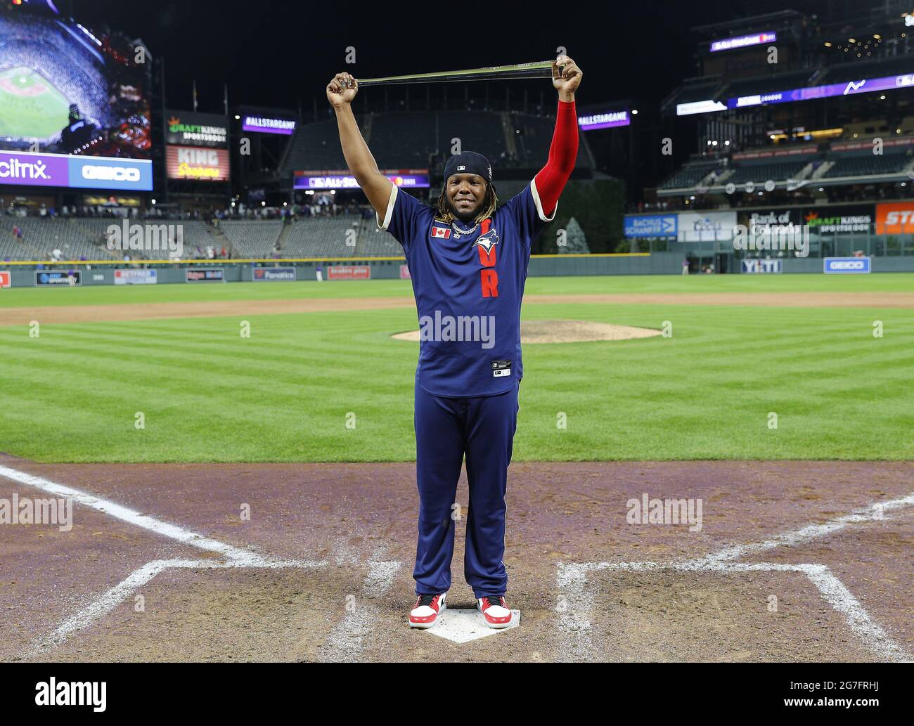 Denver, United States. 13th July, 2021. Toronto Blue Jays first baseman Vladimir  Guerrero Jr. kisses his trophy after being named the MVP of the 2021 MLB  All-Star Game at Coors Field in