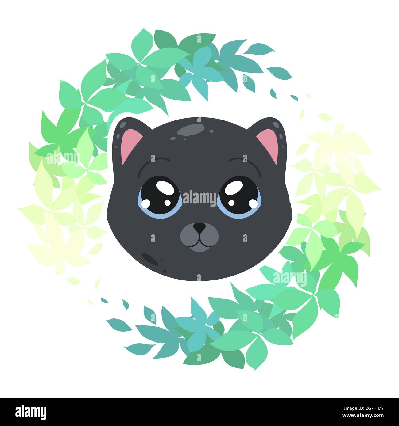 Childish illustration of a little lovely kitten in plant wreath on white background. Cute baby animal. Vector cartoon flat drawing of black cat for ch Stock Vector