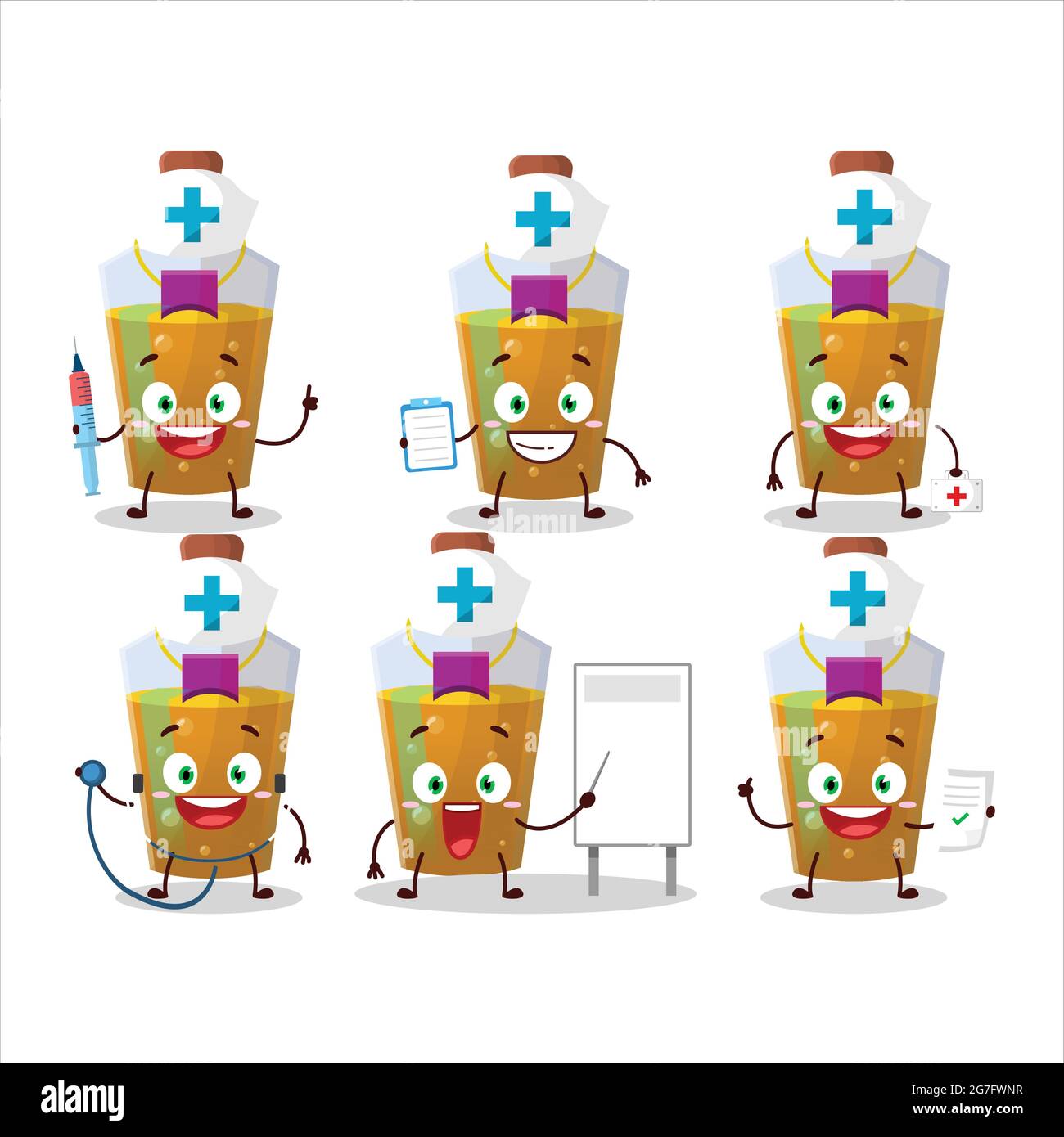 Doctor profession emoticon with orange magic potion cartoon character. Vector illustration Stock Vector